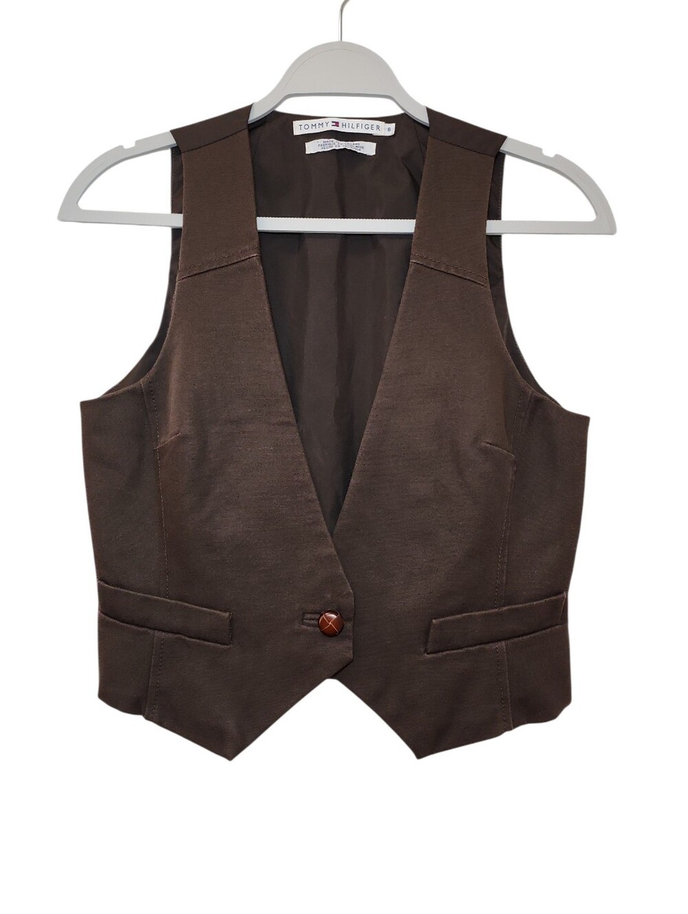 Tommy Hilfiger Y2K Chocolate tailored vest V-neckline pockets single button Sz 6 - Picture 2 of 16